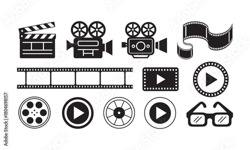 Cinema and movie production icons set. film industry symbols including camera, clapperboard, film strip, and play buttons. Vector
