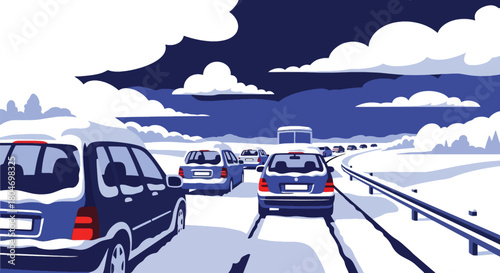 Flat vector blizzard scene with snow-covered roads and low visibility in a modern city. Ideal for winter weather alerts, safety guides, climate visuals, and educational materials