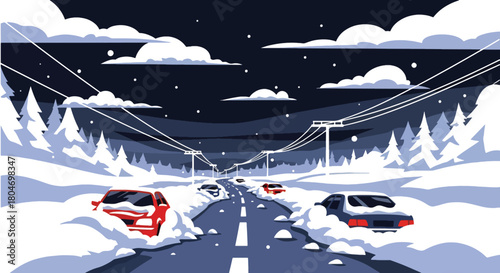 Flat vector blizzard scene with snow-covered roads and low visibility in a modern city. Ideal for winter weather alerts, safety guides, climate visuals, and educational materials