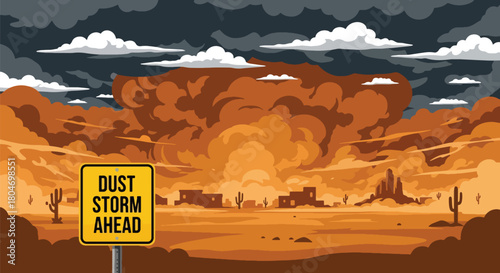Flat vector dust storm sweeping across a desert town with reduced visibility. Ideal for weather warnings, climate change visuals, safety materials, and environmental education