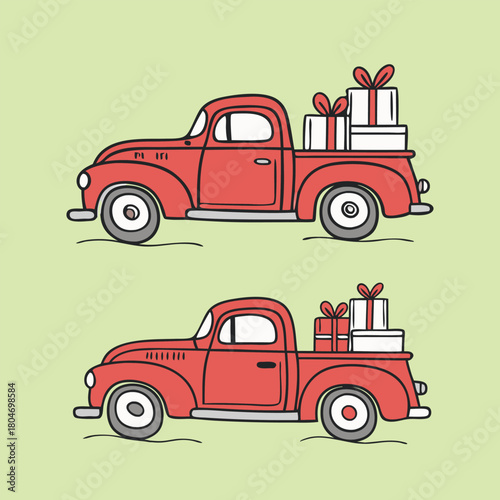 Set of colorful Charistmas red truck with gift boxs vector