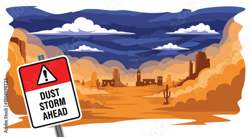 Flat vector dust storm sweeping across a desert town with reduced visibility. Ideal for weather warnings, climate change visuals, safety materials, and environmental education