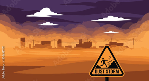 Flat vector dust storm sweeping across a desert town with reduced visibility. Ideal for weather warnings, climate change visuals, safety materials, and environmental education