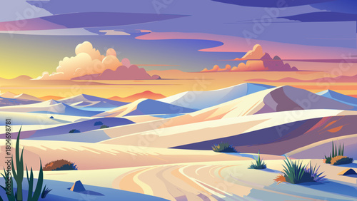 Very beautiful panoramic illustration of New Mexico’s White Sands National Park, featuring sweeping gypsum dunes with soft ripples, warm sunset light casting long shadows, and a serene, untouched dese