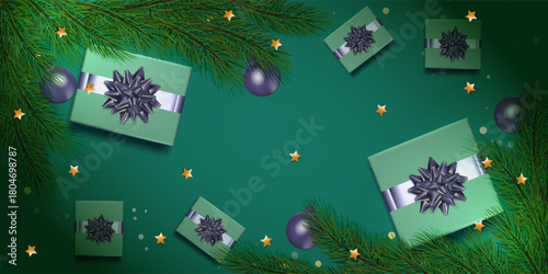 Christmas decorations with gifts, balls and fur on green background. Mockup for your xmas design.