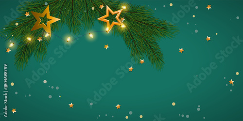 Christmas decorations with golden stars, fur and garland on green background. Mockup for your xmas design.