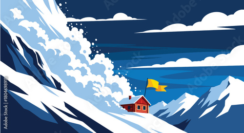 Flat vector avalanche of snow rushing down steep mountain slopes toward cabins. Ideal for winter hazard training, mountain safety guides, and environmental education