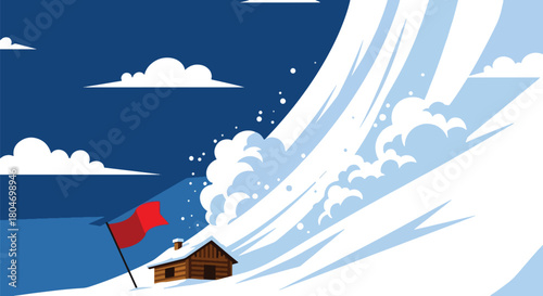 Flat vector avalanche of snow rushing down steep mountain slopes toward cabins. Ideal for winter hazard training, mountain safety guides, and environmental education