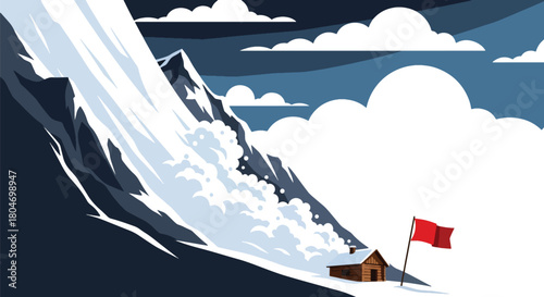 Flat vector avalanche of snow rushing down steep mountain slopes toward cabins. Ideal for winter hazard training, mountain safety guides, and environmental education
