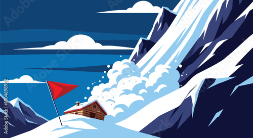 Flat vector avalanche of snow rushing down steep mountain slopes toward cabins. Ideal for winter hazard training, mountain safety guides, and environmental education