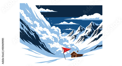 Flat vector avalanche of snow rushing down steep mountain slopes toward cabins. Ideal for winter hazard training, mountain safety guides, and environmental education