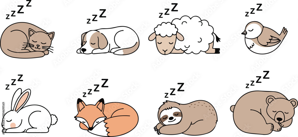 Obraz premium Collection of cute sleeping animals including a cat dog sheep bird rabbit fox sloth and bear.