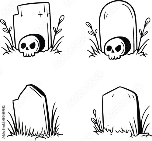 Tombstone and Skull Grave Silhouette Vector Set