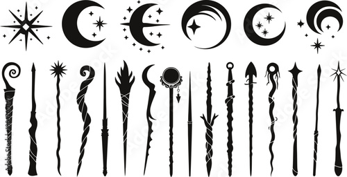 Magic Wands and Celestial Symbols Vector Set