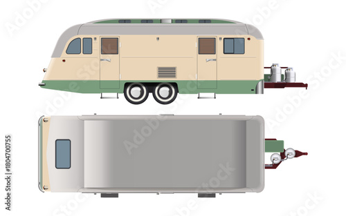 Isolated mobile house. Top and side views of the trailer. Family van for country living. Modern campervan drawing. Vintage portable wagon for holidays