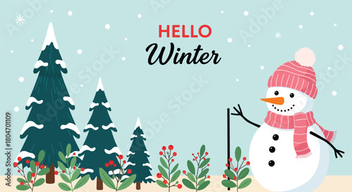 Cheerful snowman wearing a pink hat and scarf in winter season.