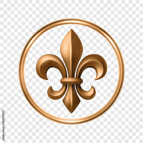 Vector 3d Golden Fleur De Lis Symbol in Round Frame. Elegant Royal Emblem. Classic French Heraldic Icon. Luxury Fleur De Lis Sign. Logo Design, Badge, Noble Decoration, Vintage Ornament