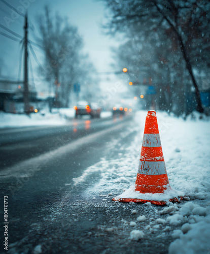 Orange traffic cone on roadside in heavy snow, close-up, winter weather, danger warning, road safety concept, hazardous driving conditions, icy street, cold temperature, blurred background bokeh.