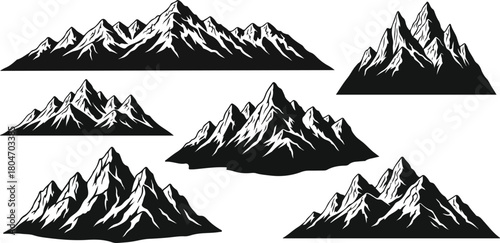 Collection of Stylized Mountain Range Silhouettes in Black and White.