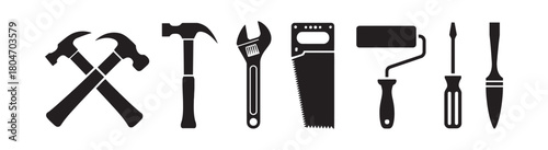 Hand tools silhouettes set featuring hammers, wrench, saw, paint roller, screwdriver, and chisel for repair and diy projects. Vector