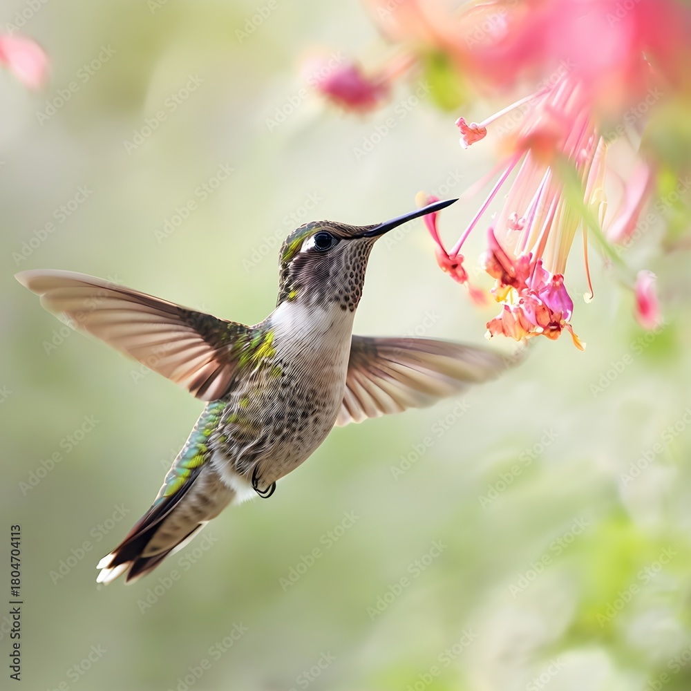 Fototapeta premium Hummingbird in mid-flight drinking nectar from pink flowers