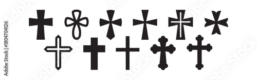 Diverse collection of black christian cross symbols and religious icons in various shapes and styles, isolated on white background Vector