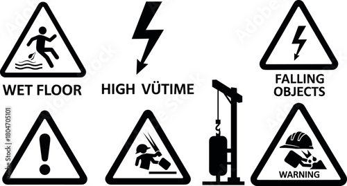 Safety warning signs vector, industrial hazard icons, construction alert illustration, black and white design, workplace danger symbols, caution triangle set, protective signage concept