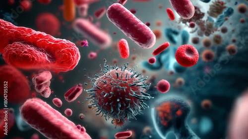 Detailed pathogens and bacteria floating in bluish fluid with sharp microbiological textures and dramatic depth-of-field. Concept of infectious micro-environment