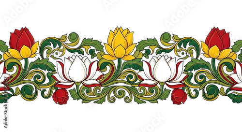 Traditional Sri Lankan lotus flower border vector. Seamless vibrant ornamental floral pattern.
