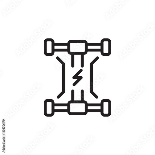 EV Chassis Integration icon symbolizing electric vehicle assembly and structure. Features a car frame with an electric current, representing powertrain installation and battery mounting.