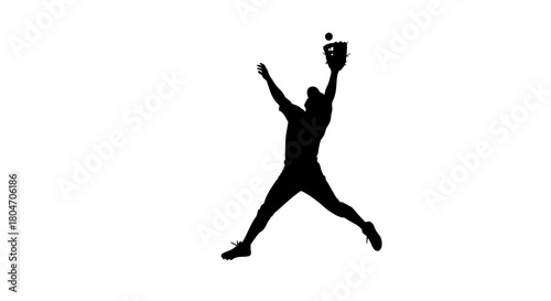 Dynamic baseball player silhouette leaping to catch the ball evokes energy and skill, perfect for sports branding and athletic designs, originally vector art