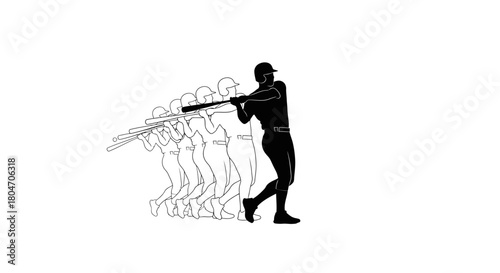 Dynamic baseball batter silhouette sequence, perfect for sports branding and athletic designs, conveys power, motion, and dedication to the game, bold and striking visuals