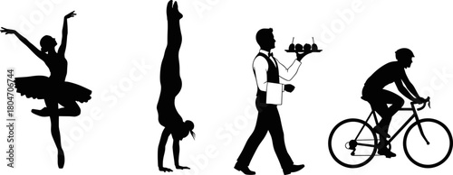 Silhouette illustration of ballerina, gymnast, waiter, and cyclist, black and white concept art showing movement, balance, service, and sport