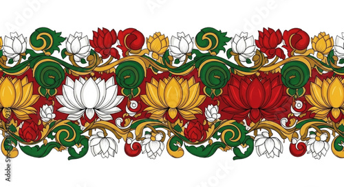 Traditional Sri Lankan lotus flower border vector. Seamless vibrant ornamental floral pattern.