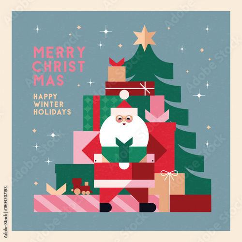 Christmas illustration in contemporary flat geometric style with Santa putting presents under the  Christmas tree. Design for Holiday greeting cards, postcards or advent calendar. Vector illustration