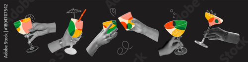 Hands holding cocktail glasses with vibrant drinks. Trendy retro grunge collage vector ideal for mixed media party designs, fun celebration graphics, stickers, and digital scrapbook projects.
