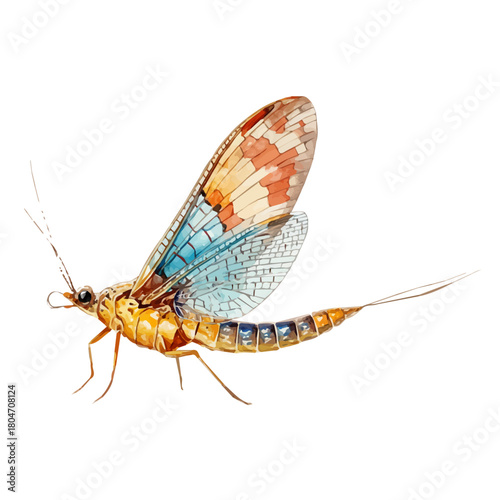 Mayfly in watercolor style, vector illustration, isolated on white background.