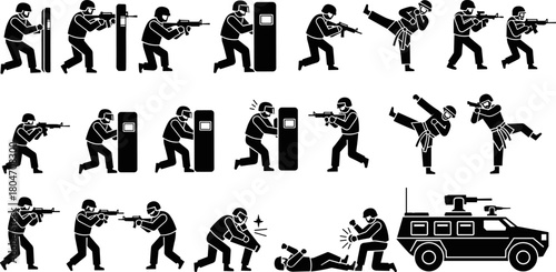 Black and white tactical icons, combat poses, armed personnel, riot shield, martial arts, military vehicle, law enforcement, defense training, action silhouettes