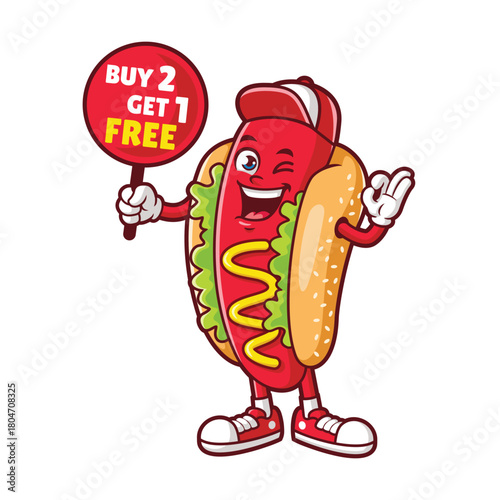 vector cartoon, character, and mascot of a hotdog wearing red hat holding bonus promotion signboard.eps