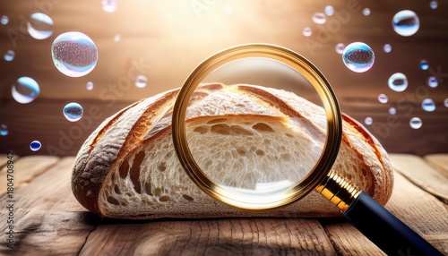 magnifying glass over bread and bubbles on wooden surface with airy light