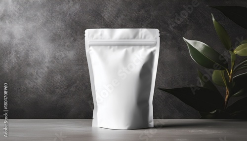 matte white stand up pouch mockup on concrete surface with blank area and minimal design