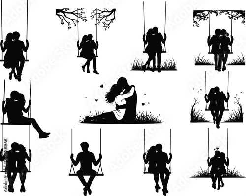 Silhouette, couple, swing, love, romance, embrace, affection, tree, heart, relationship, bonding, peaceful, outdoor, black, white, sitting, hugging, emotional, artistic, connection