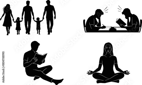 Black silhouette icons, family bonding, education, meditation, reading activity, mindfulness, personal development, lifestyle symbols, peaceful moments, wellness illustration, daily life visuals