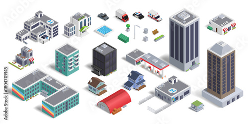 3D buildings. Isometric city map. Business skyscraper. School and shop. Industry factory. Town police station. Home facade. Road car. Urban hotel. Vector isolated cityscape elements set
