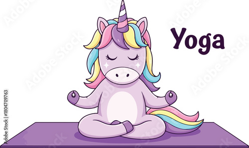 Cute unicorn meditating on yoga mat practicing mindfulness and relaxation.