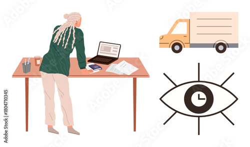 Woman leaning on desk with laptop, papers, and coffee, planning deliveries. Nearby, a delivery truck and clock-eye graphic. Ideal for logistics, time management, shipping planning efficiency