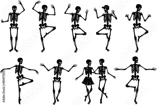 Dancing skeletons in various poses perfect for Halloween decorations and spooky themes.