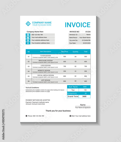 Invoice document for financial transactions and business billing
