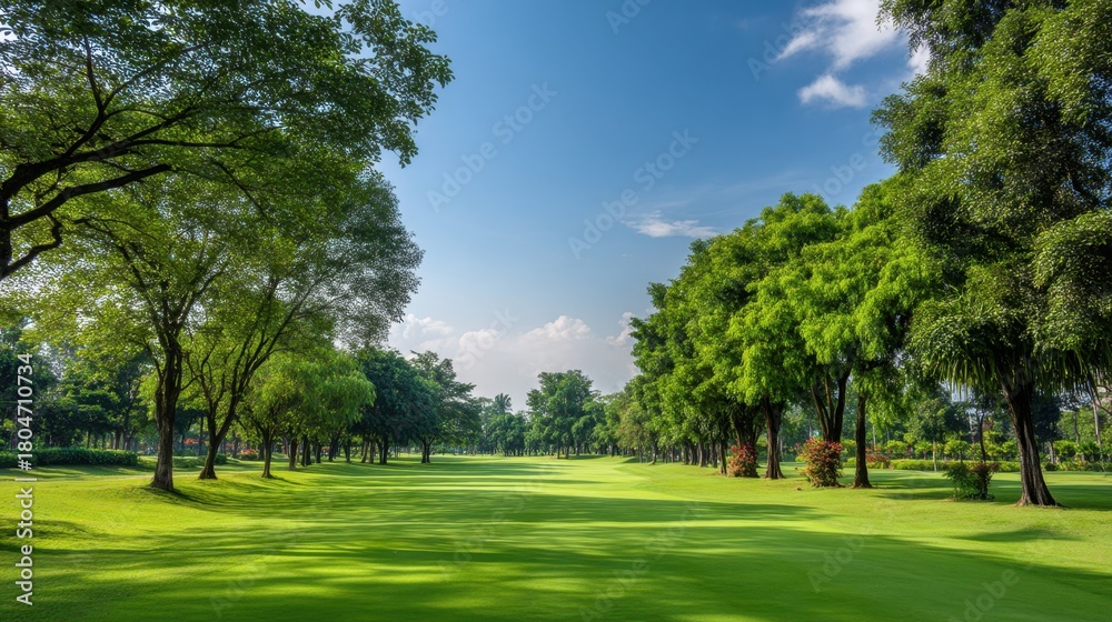 Obraz premium Lush Green Golf Course Landscape Under Bright Blue Sky with Fluffy Clouds and Ample Trees in Gorgeous Outdoor Setting for Recreational and Leisure Activities