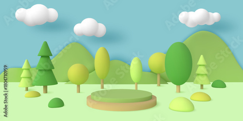 3d spring podium. Cute tree cloud and pastel green garden, nature scene with empty platform for product presentation, display or minimal pedestal, environment showcase. Vector background